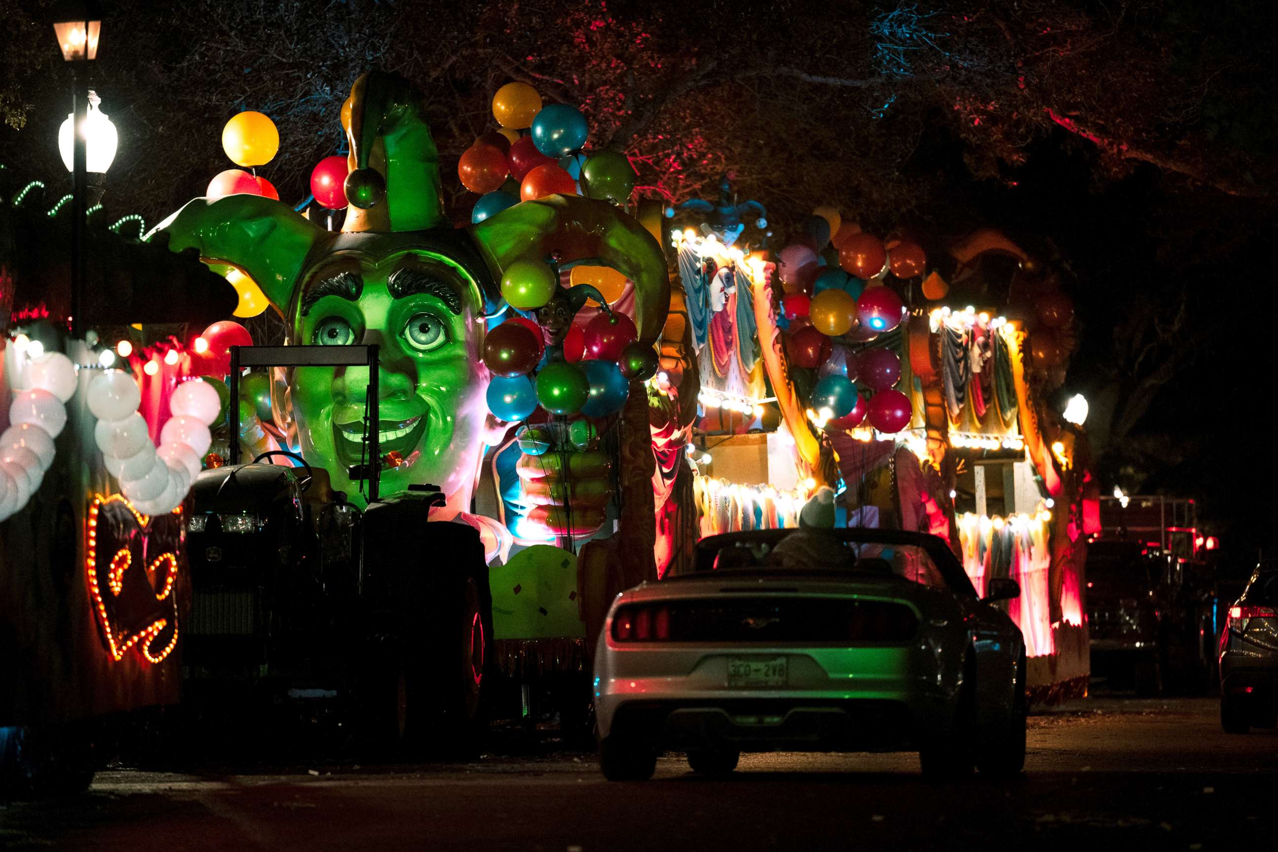 PHOTO: Vehicles line up to view Mardi Gras floats at the Float in the Oaks event in City Park, Feb. 14, 2021, in New Orleans, Louisiana.