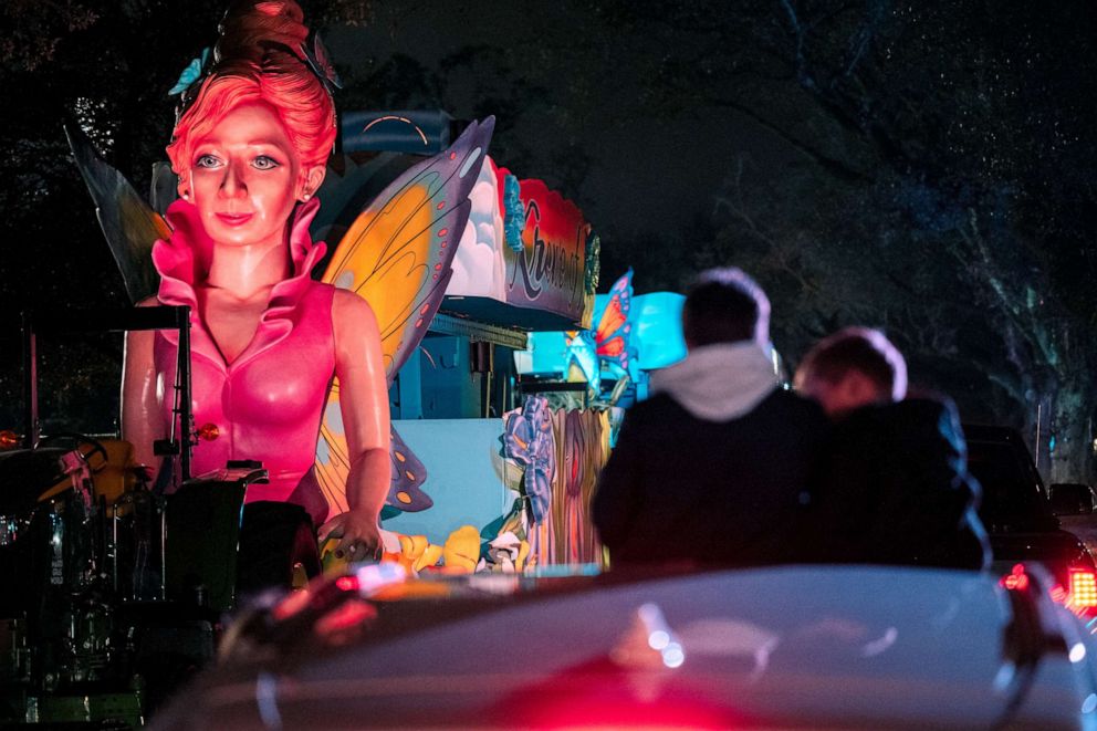 PHOTO: Vehicles line up to view Mardi Gras floats at the Float in the Oaks event in City Park, Feb. 14, 2021, in New Orleans, Louisiana.