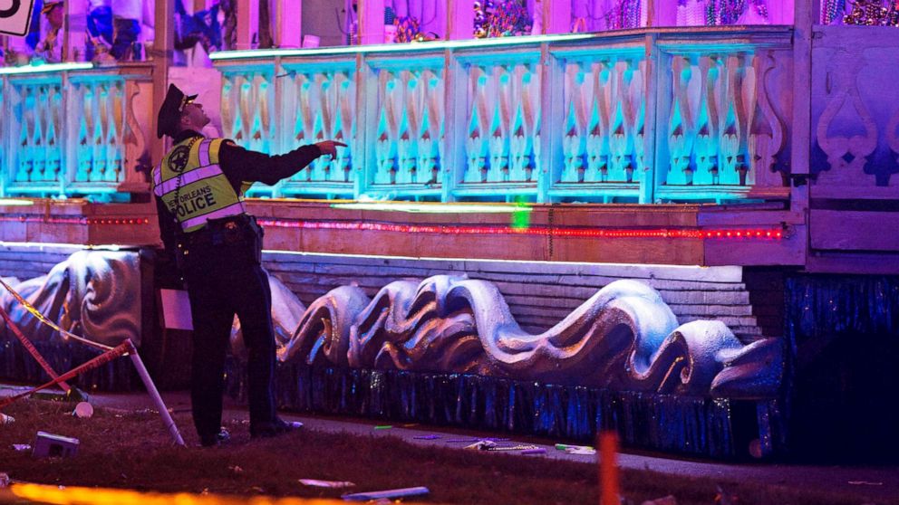 PHOTO: A police officer works the scene where a man was reportedly hit and killed by a float of the Krewe of Endymion parade in the runup to Mardi Gras in New Orleans, Saturday, Feb. 22, 2020.