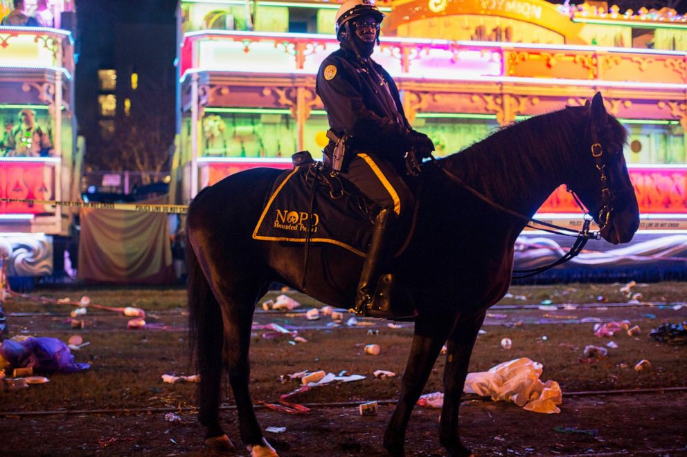 PHOTO: A police officer works the scene where a man was reportedly hit and killed by a float of the Krewe of Endymion parade in the runup to Mardi Gras in New Orleans, Saturday, Feb. 22, 2020. 
