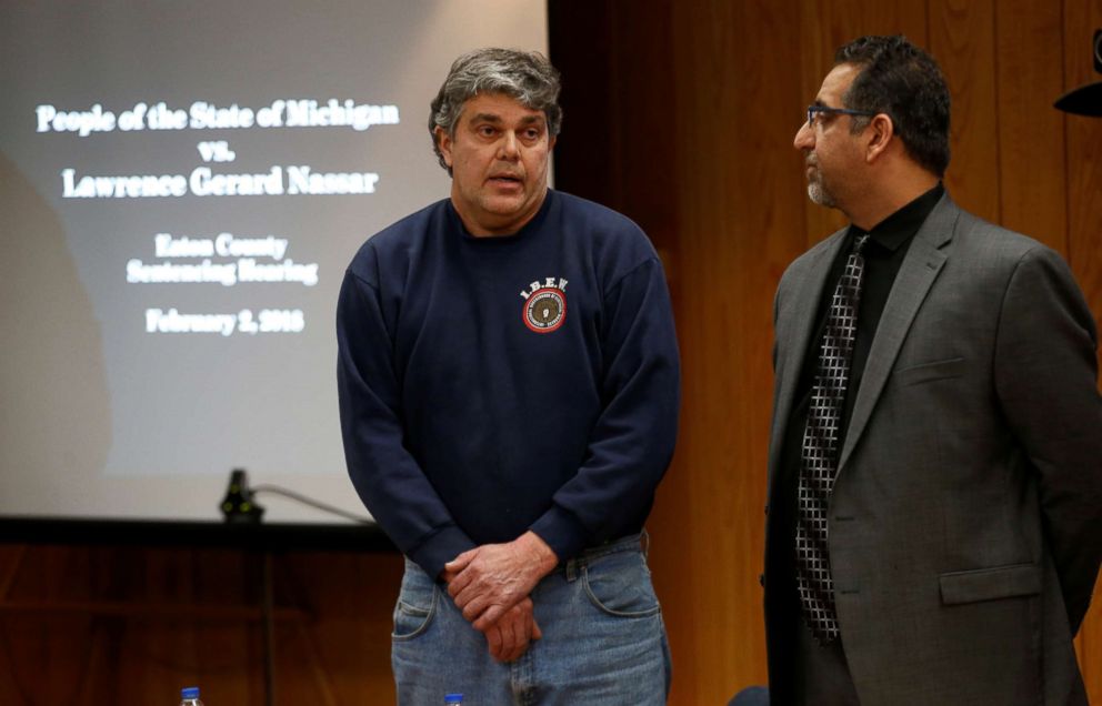 PHOTO: Randall Margraves appears with his attorney and apologizes to the court for his outburst during the sentencing hearing for Larry Nassar in the Eaton County Court in Charlotte, Mich., Feb. 2, 2018.