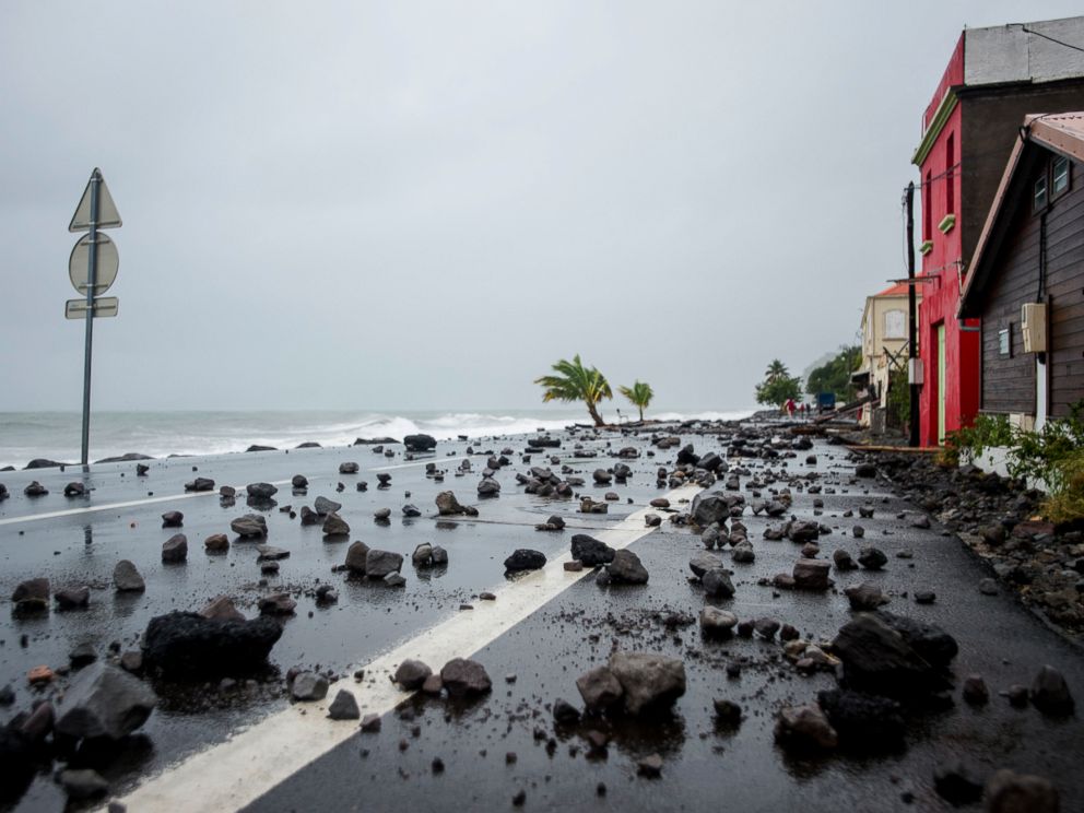 PHOTO:Rocks swept by strong waves onto a road in Le Carbet, on the French Caribbean island of Martinique, after it was hit by Hurricane Maria, on September 19, 2017.