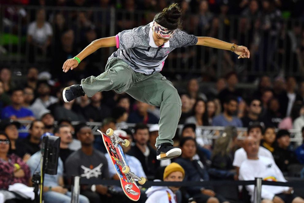 PHOTO: US skateboarder Mariah Duran competes in the Street League Skateboarding championship semifinal in Sao Paulo, Brazil, Sept. 21, 2019.
