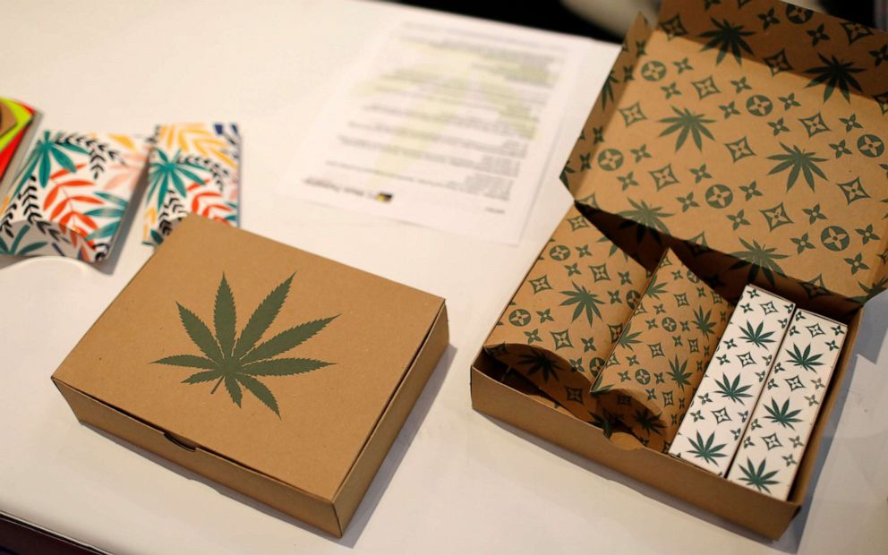 FILE PHOTO: Cannabis product boxes are displayed at The Cannabis World Congress & Business Exposition (CWCBExpo) trade show in New York City, New York, U.S., May 30, 2019. 