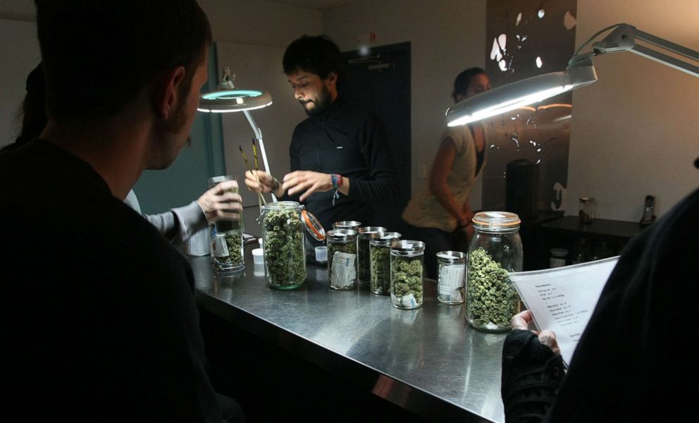 PHOTO: An associate at the Cornerstone Collective medical marijuana dispensary serves customers from behind the stainless steel counter in Eagle Rock, Calif., Jan. 23, 2009.