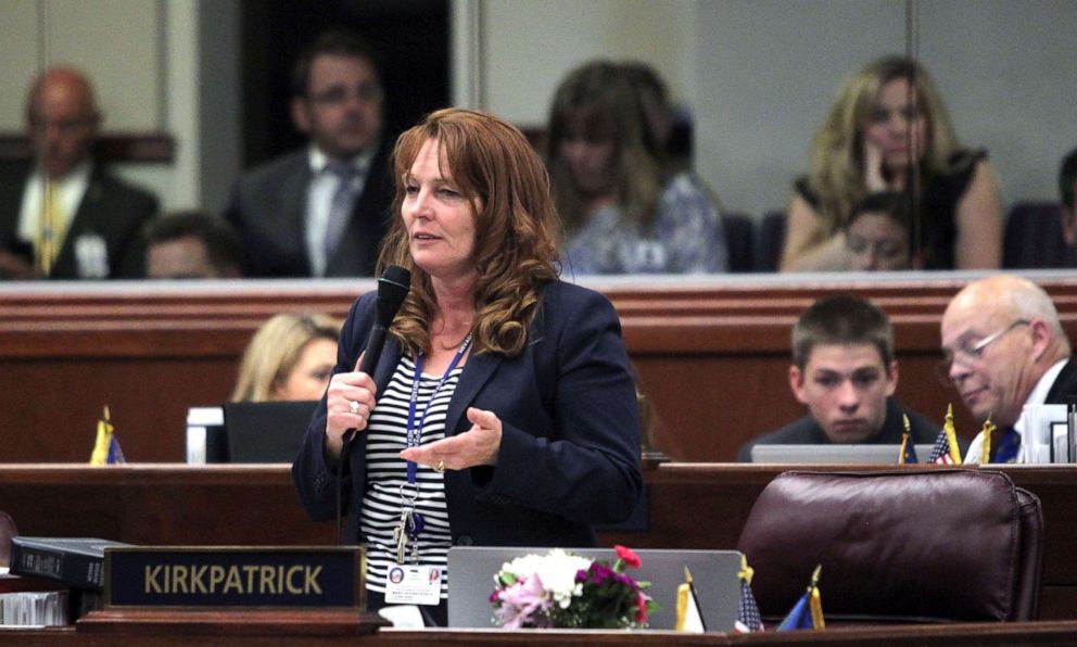 PHOTO: In this June 1, 2015, file photo, Nevada Assembly women, Marilyn Kirkpatrick speaks during the 78th Legislature, in Carson City, Nevada.
