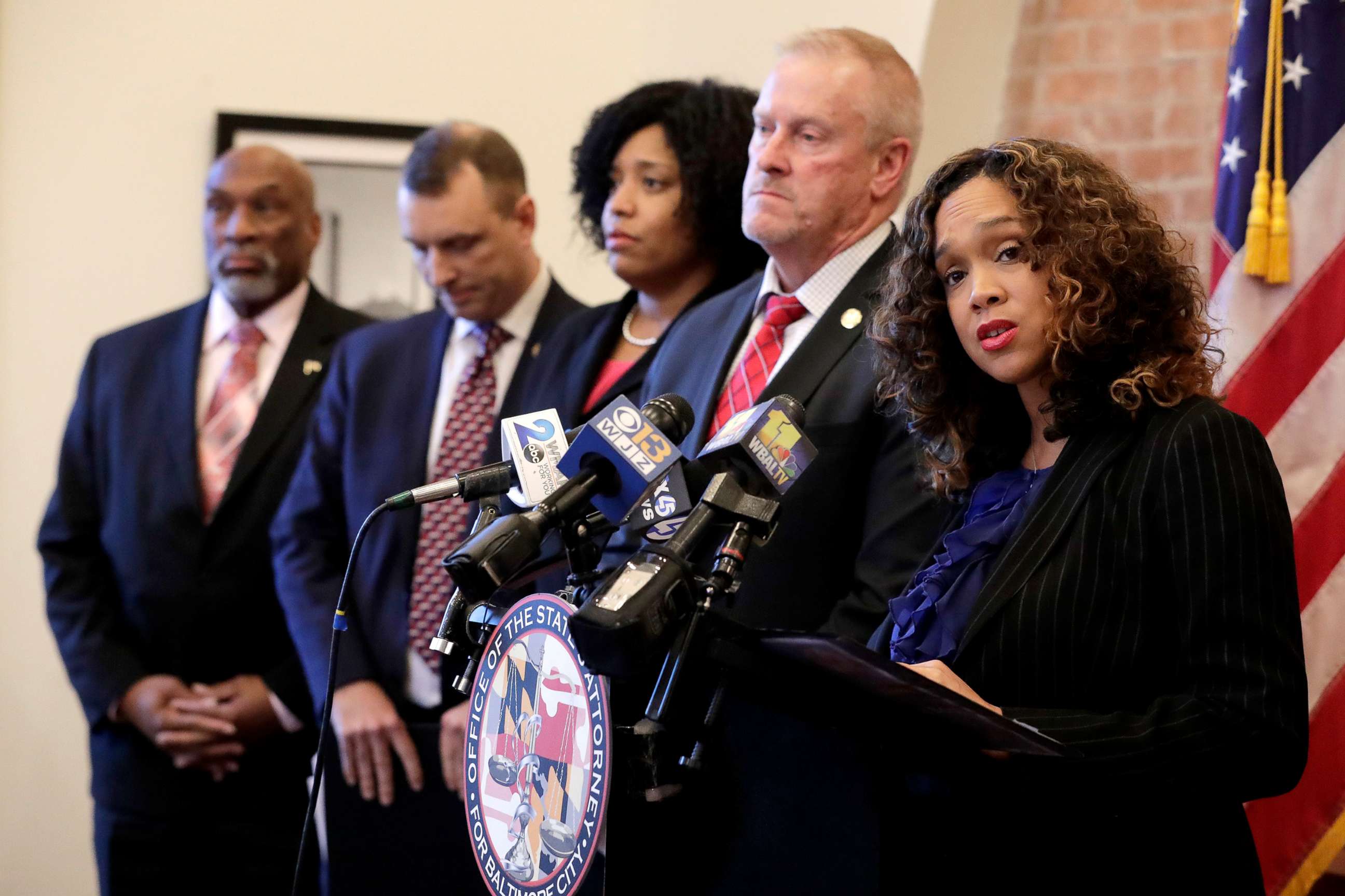 PHOTO: Maryland State Attorney Marilyn Mosby, right, speaks during a news conference announcing the indictment of correctional officers, Dec. 3, 2019, in Baltimore.
