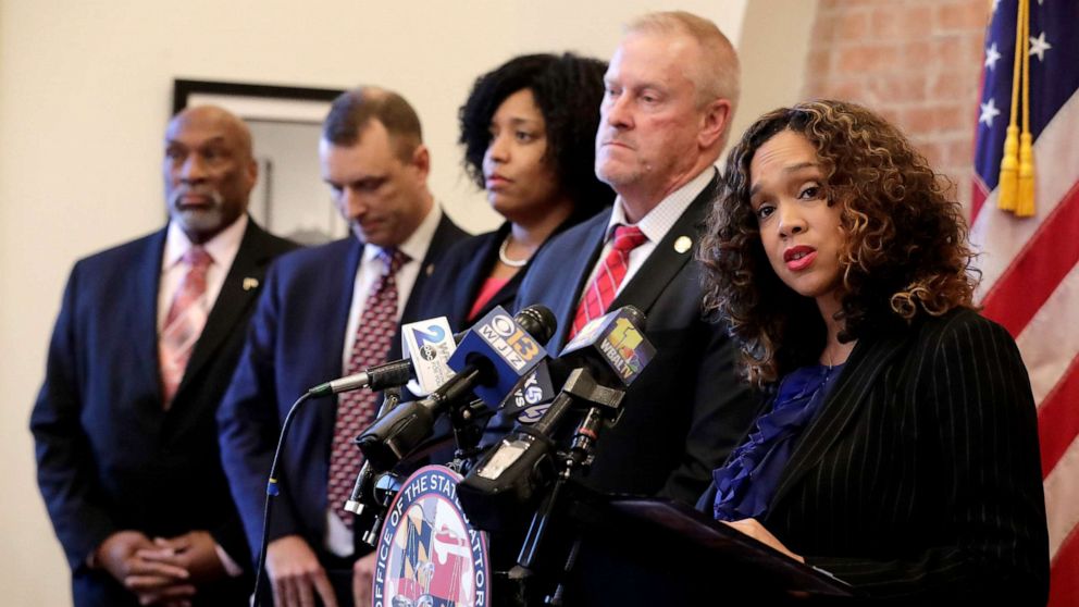 PHOTO: Maryland State Attorney Marilyn Mosby, right, speaks during a news conference announcing the indictment of correctional officers, Dec. 3, 2019, in Baltimore.