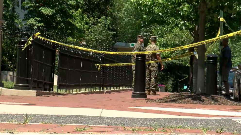 PHOTO: A guard post is surrounded by scene tape outside the commandant's home at the Marine Barracks in Washington after reports that a marine was injured by a self-inflicted gunshot wound on June 15, 2018.