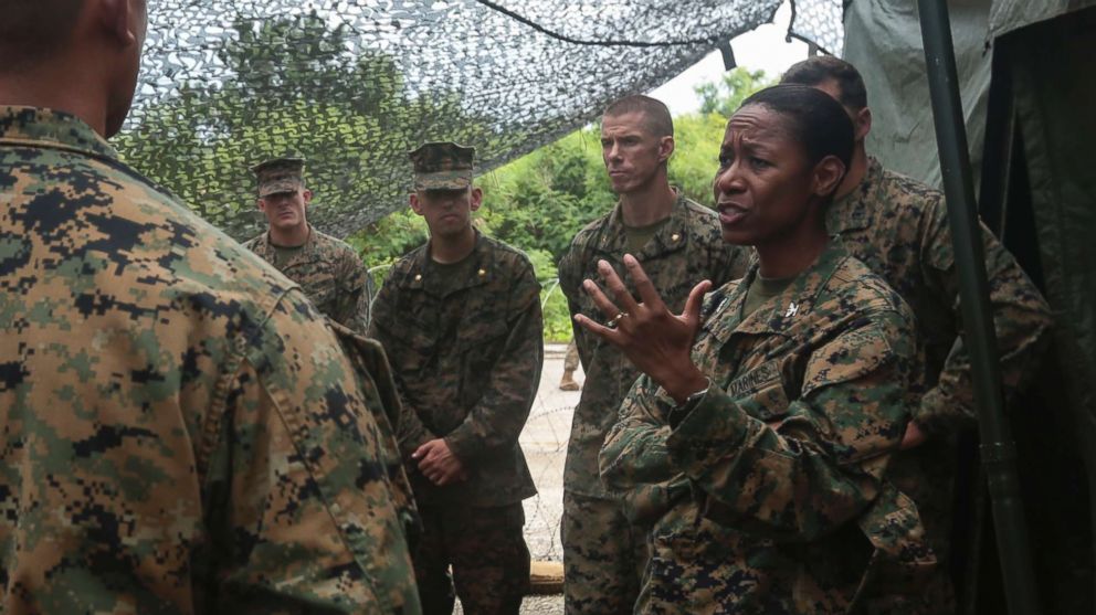 U.S. Marines listen to Colonel Lorna Mahlock on a visit to the Northern Mariana Islands, Sept. 14, 2016.