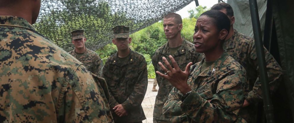 PHOTO: U.S. Marines listen to Colonel Lorna Mahlock on a visit to the Northern Mariana Islands, Sept. 14, 2016.