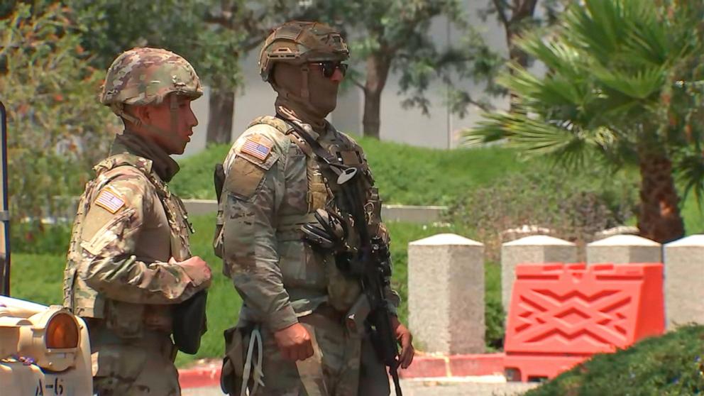 PHOTO: Marines are seen at the Wilshire Federal Building in Los Angeles, June 13, 2025.