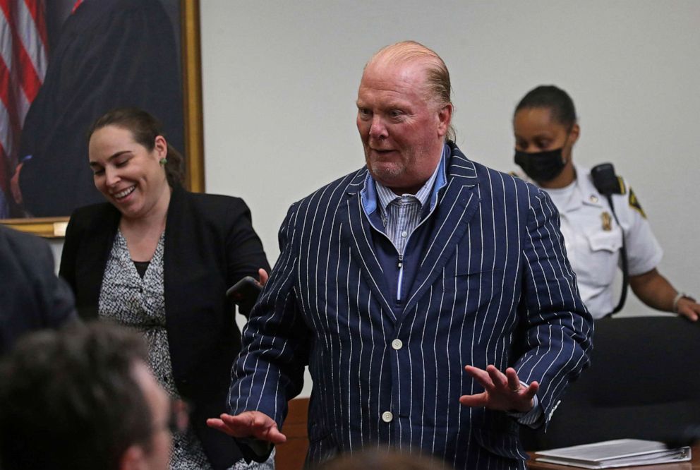 PHOTO: Celebrity chef Mario Batali reacts after being found not guilty of indecent assault and battery at Boston Municipal Court on the second day of his trial, on Tuesday, May 10, 2022 in Boston.