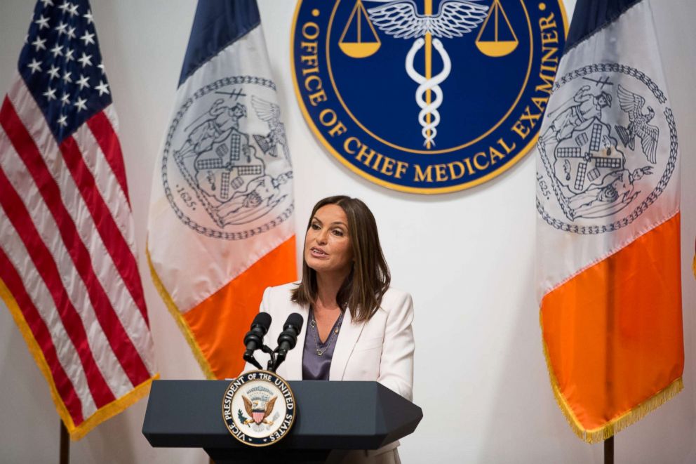 PHOTO: Mariska Hargitay speaks during a press conference at the Office of the Chief Medical Examiner Thursday, Sept. 10, 2015, in New York.