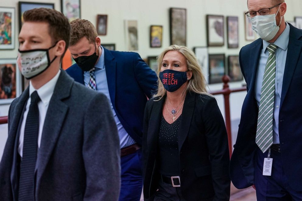 PHOTO: Rep. Marjorie Taylor Greene walks from her office to the U.S. Capitol prior to a news conference on Capitol Hill in Washington, Feb. 5, 2021.