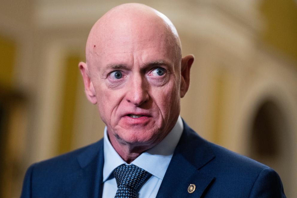 PHOTO: Sen. Mark Kelly speaks during a news conference after the senate luncheons in the U.S. Capitol, Apr. 9, 2024.