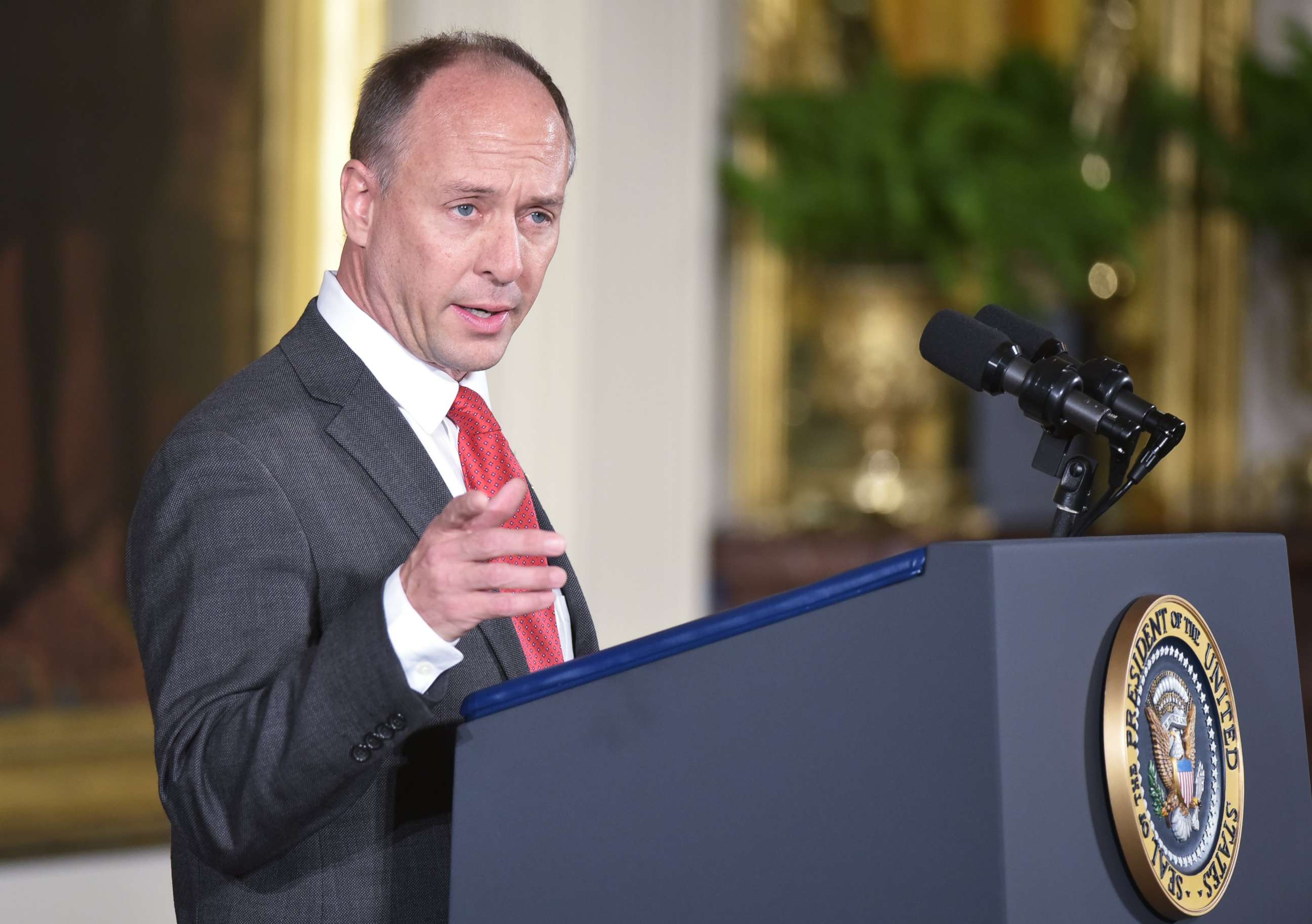 PHOTO: Mark Barden, the father of a Sandy Hook Elementary School shooting victim, speaks in the East Room of the White House on Jan. 5, 2016 in Washington.