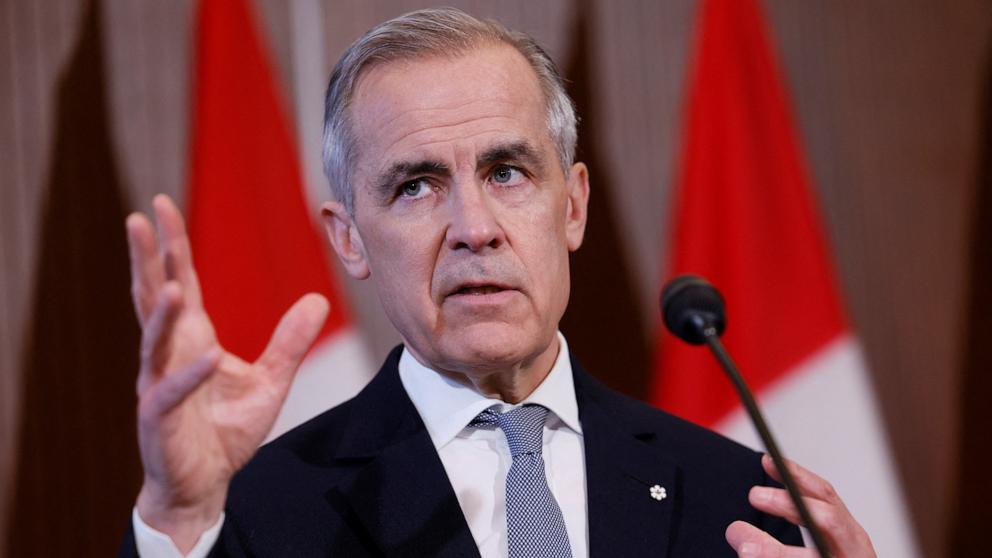 PHOTO: Canada Prime Minister Mark Carney speaks with media on Parliament Hill following a meeting of the Cabinet Committee on Canada-U.S. Relations and National Security, in Ottawa, Mar. 27, 2025. 