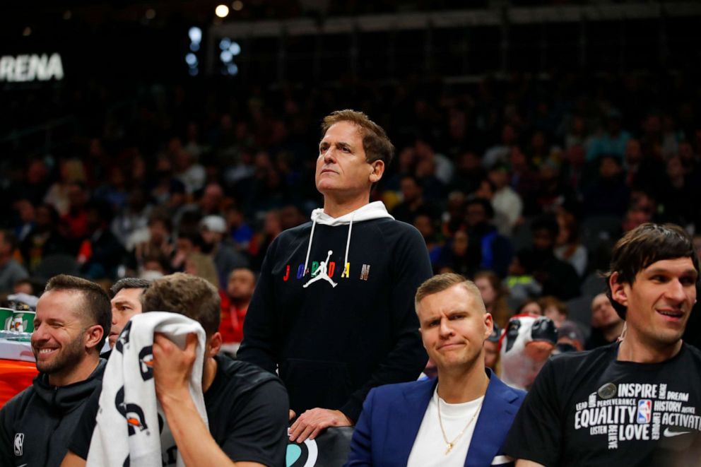 PHOTO: Dallas Mavericks owner Mark Cuban watches on from behind the bench during the second half of an NBA game against the Atlanta Hawks at State Farm Arena, Feb. 22, 2020, in Atlanta.
