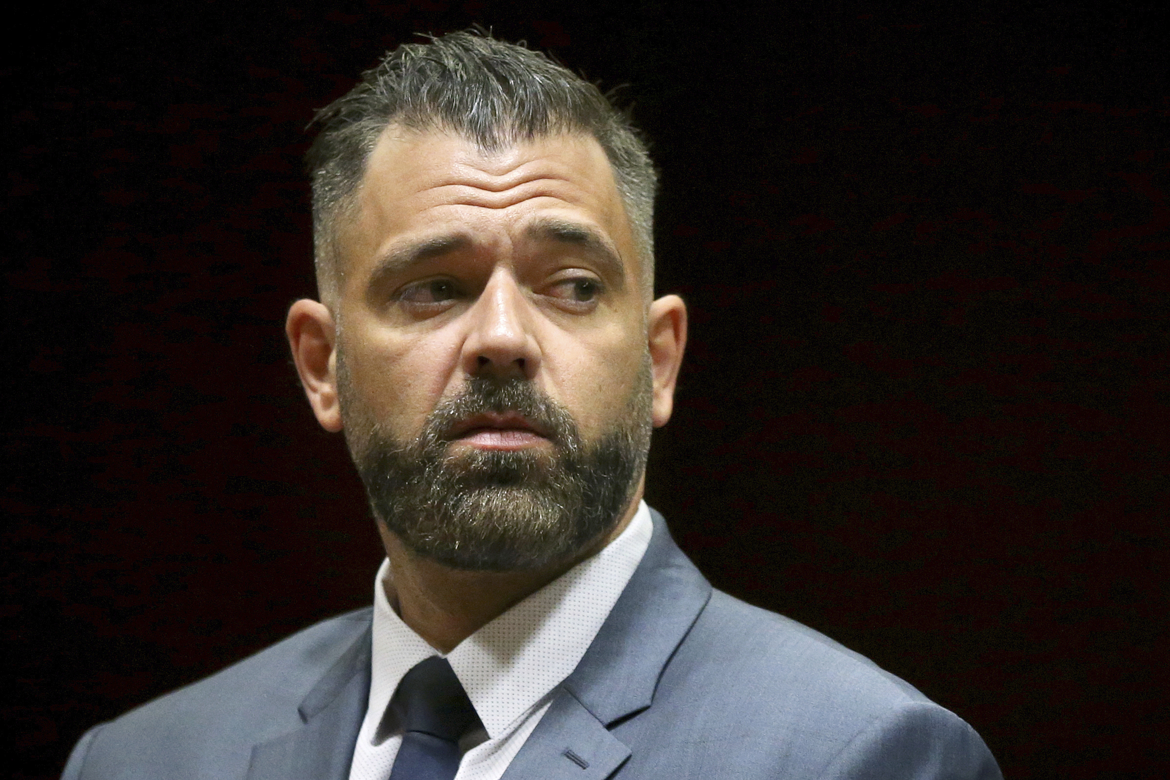 PHOTO: Mark D'Amico stands before pleading not guilty during his arraignment to charges including theft by deception at Burlington County Superior Court in Mount Holly, N.J.