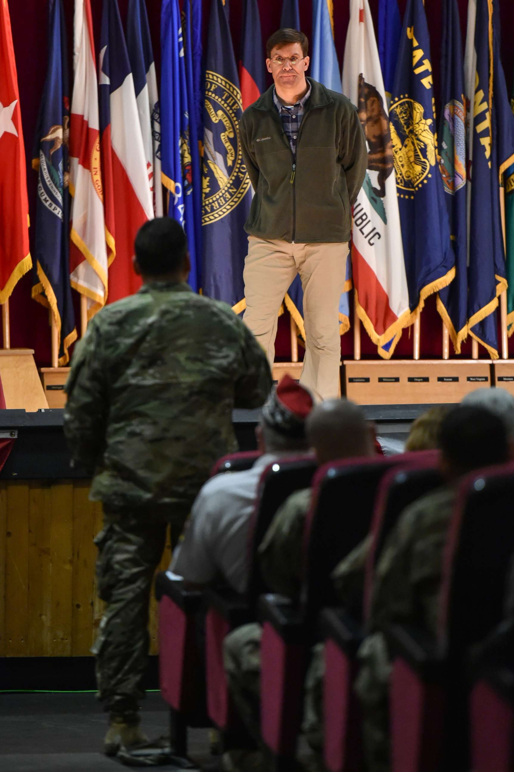 PHOTO: Secretary of the Army Dr. Mark T. Esper listens to a question at a town hall forum during his visit to U.S. Army Garrison Bavaria, the Army's largest overseas garrison, at Tower Barracks, Grafenwoehr, Germany, Jan. 30, 2018.