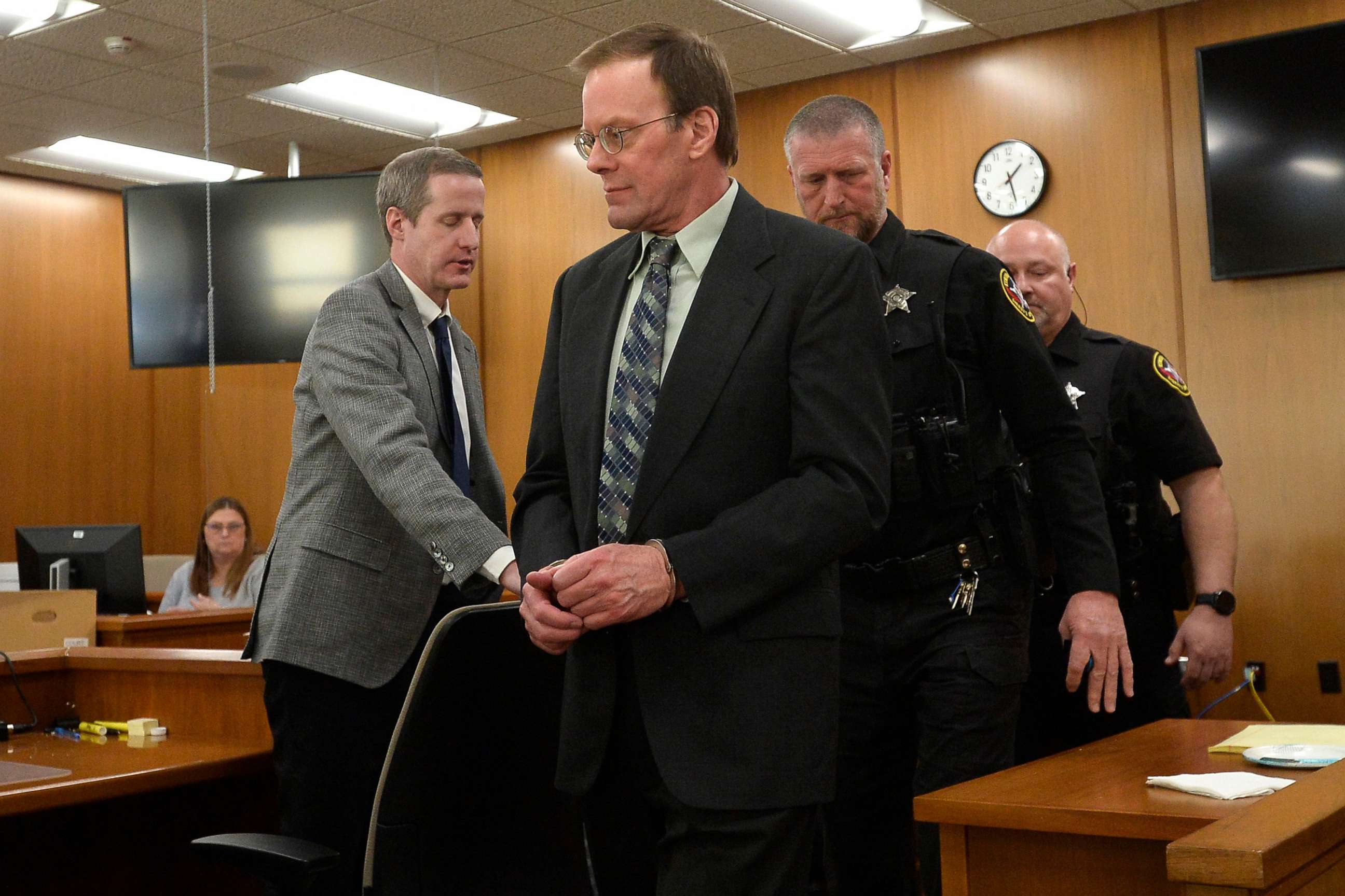 PHOTO: Mark Jensen, center, is led out of the courtroom after a guilty verdict in his trial at the Kenosha County Courthouse on Feb. 1, 2023, in Kenosha, Wis.