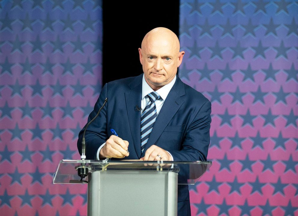 PHOTO: Democratic challenger Mark Kelly prepares to debate  U.S. Sen. Martha McSally, R-Ariz.  at the Walter Cronkite School of Journalism at Arizona State University in Phoenix, Oct. 6, 2020.