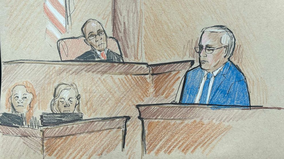 PHOTO: Courtroom sketch of former White House chief of staff Mark Meadows taking the stand to try to have his trial moved from state to federal court in Atlanta, Aug. 28, 2023.