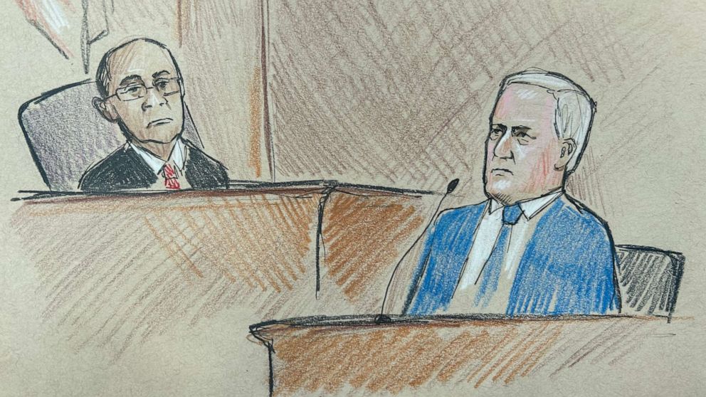 PHOTO: Courtroom sketch of former White House chief of staff Mark Meadows taking the stand to try to have his trial moved from state to federal court in Atlanta, Aug. 28, 2023.