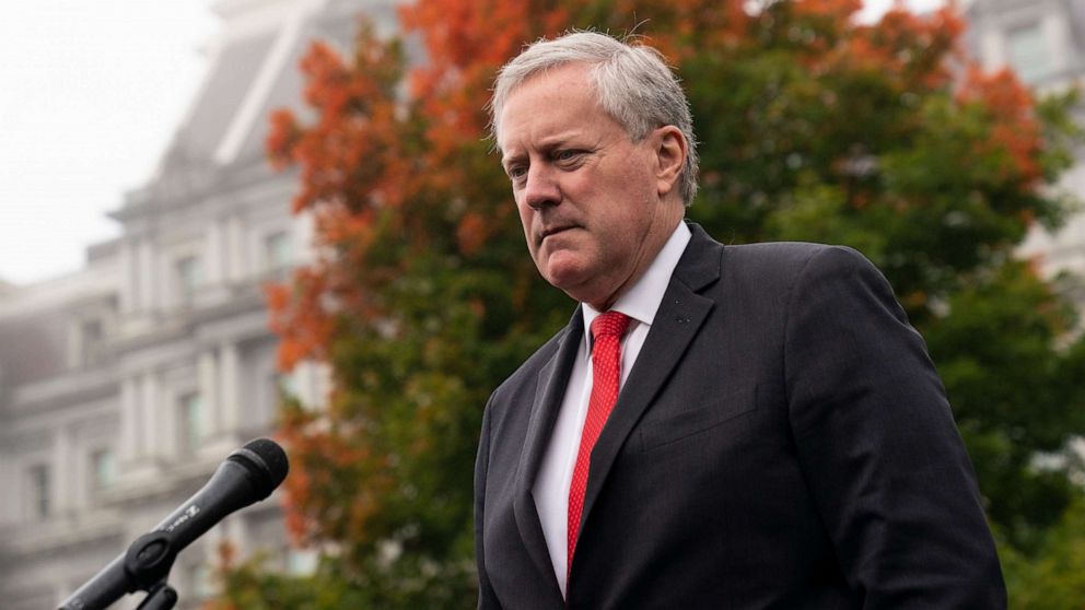 PHOTO: FILE - White House chief of staff Mark Meadows speaks with reporters at the White House, Oct. 21, 2020, in Washington.