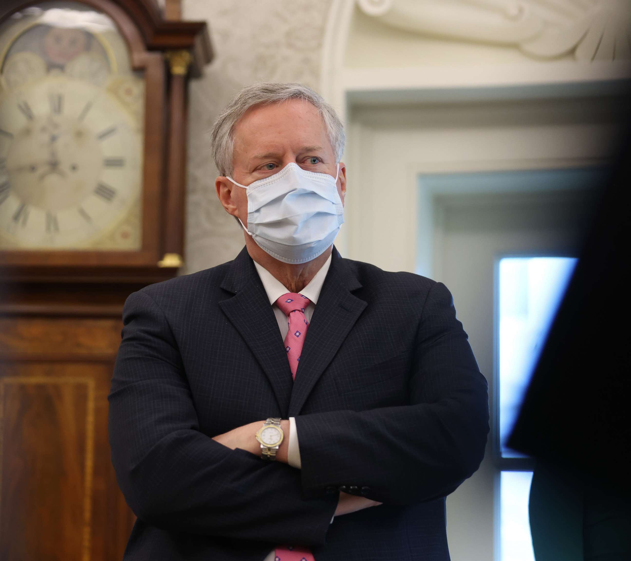 PHOTO: In this Oct.23, 2020 file photo White House Chief of Staff Mark Meadows listens as President Donald Trump speaks about a Sudan-Israel peace agreement, in the Oval Office in Washington, D.C. 