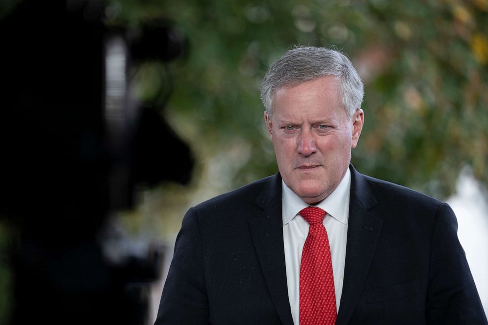 PHOTO:In this Oct. 21, 2020 file photo White House Chief of Staff Mark Meadows talks to reporters at the White House in Washington, D.C.