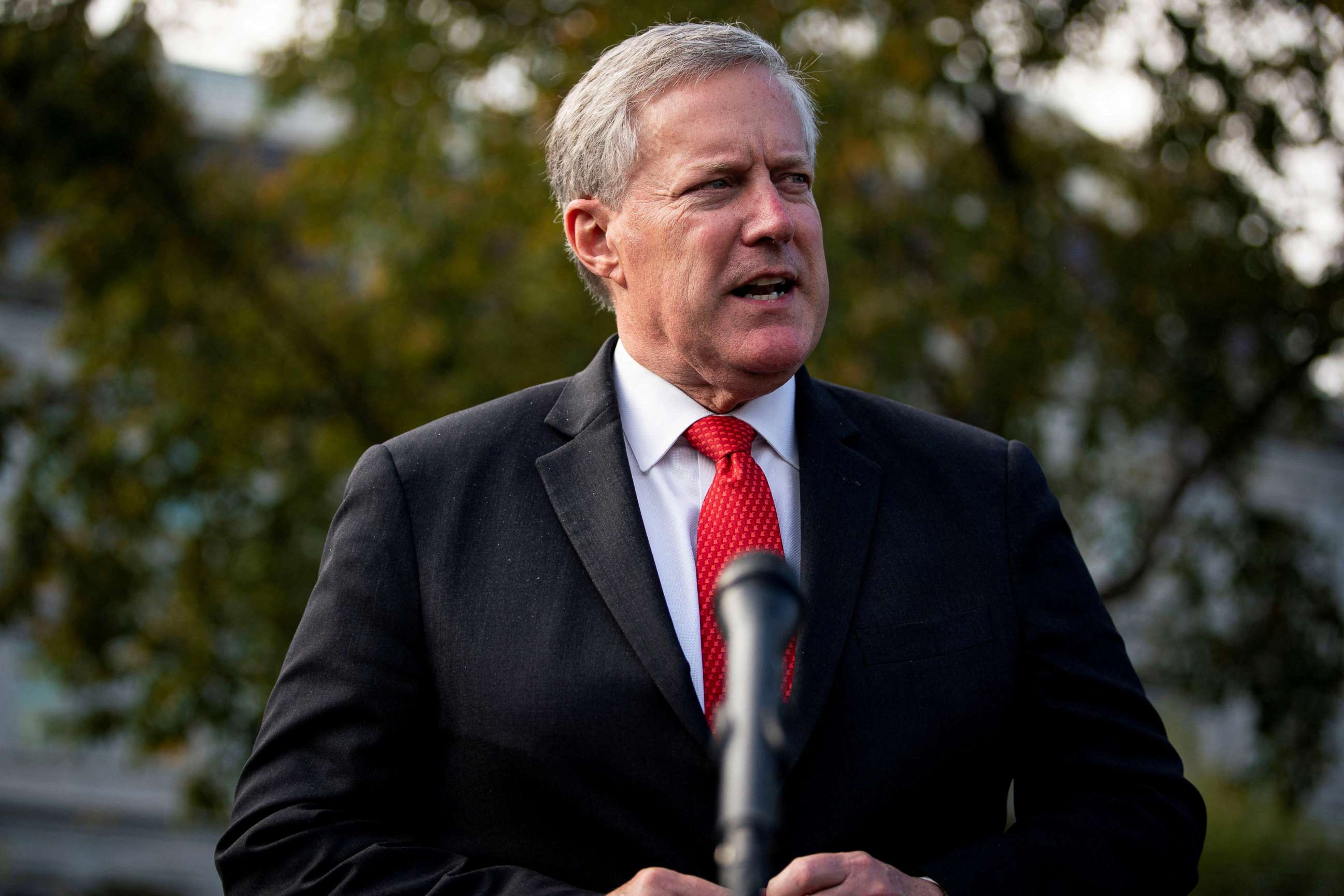 PHOTO: Then-White House Chief of Staff Mark Meadows speaks to reporters following a television interview, outside the White House in Washington, Oct. 21, 2020.