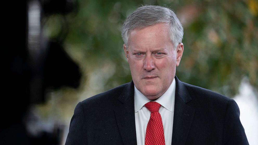 PHOTO: White House Chief of Staff Mark Meadows talks to reporters at the White House on Oct. 21, 2020, in Washington.