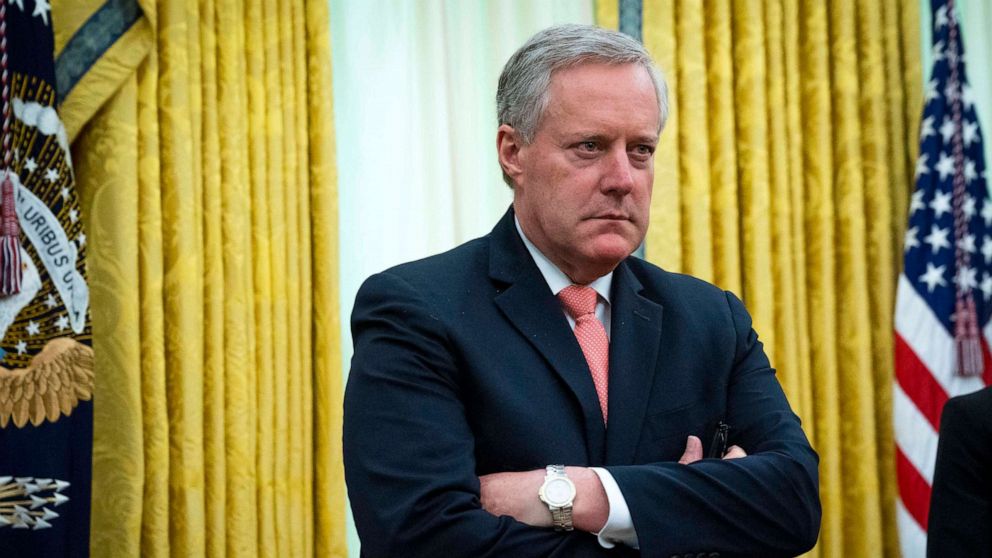 PHOTO: In this April 30, 2020, file photo, White House Chief of Staff Mark Meadows listens as President Donald Trump meets with New Jersey Gov. Phil Murphy in the Oval Office of the White House in Washington, D.C.