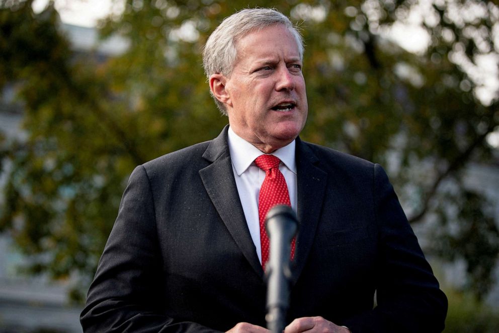 PHOTO: White House Chief of Staff Mark Meadows speaks to reporters after a televised interview outside the White House in Washington, October 21, 2020.