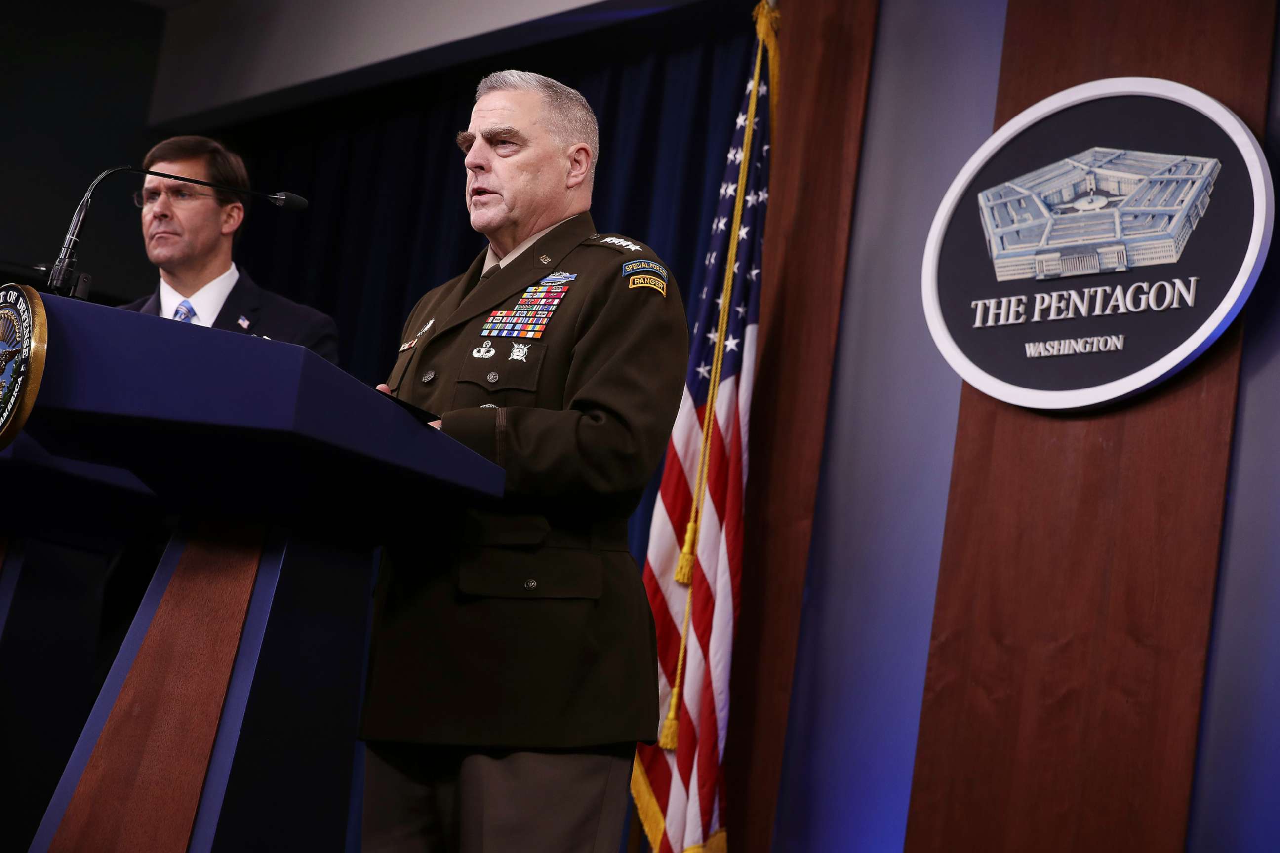 PHOTO: Defense Secretary Mark Esper (L) and Chairman of the Joint Chiefs of Staff Gen. Mark Milley hold a news conference at the Pentagon on Oct. 28, 2019, the day after it was announced that Abu Bakr al-Baghdadi was killed in a U.S. raid in Syria.