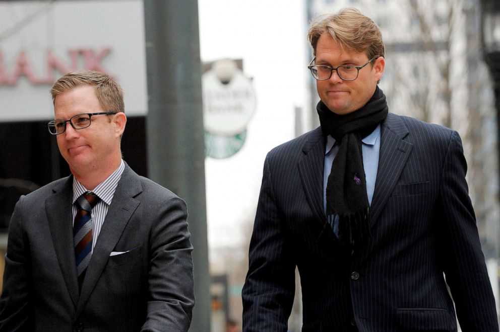 PHOTO: Mark Riddell (R) arrives for a court hearing at the John Joseph Moakley United States Courthouse in Boston, April 12, 2019.