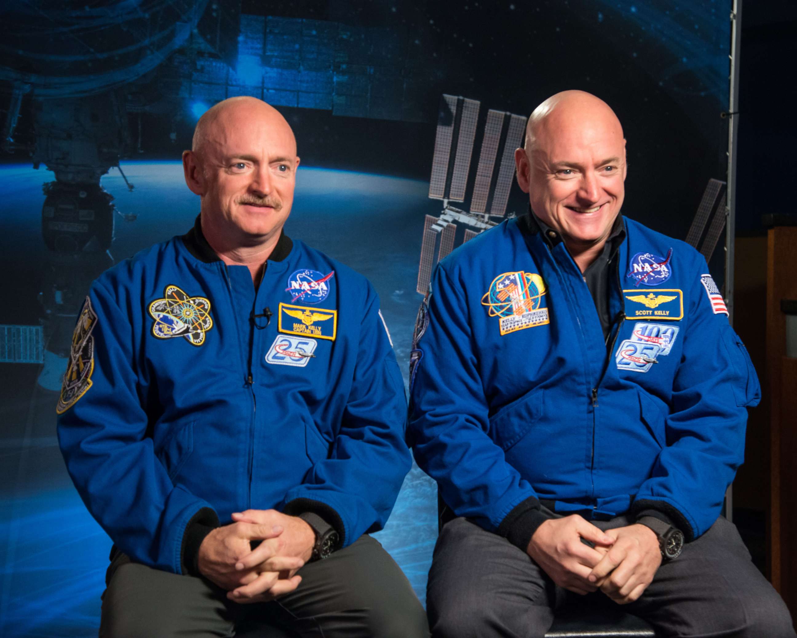 PHOTO: Former Astronaut Mark Kelly and his brother, Astronaut Scott Kelly, speak to news media outlets about Scott Kelly's one-year mission aboard the International Space Station, Jan. 19, 2015.