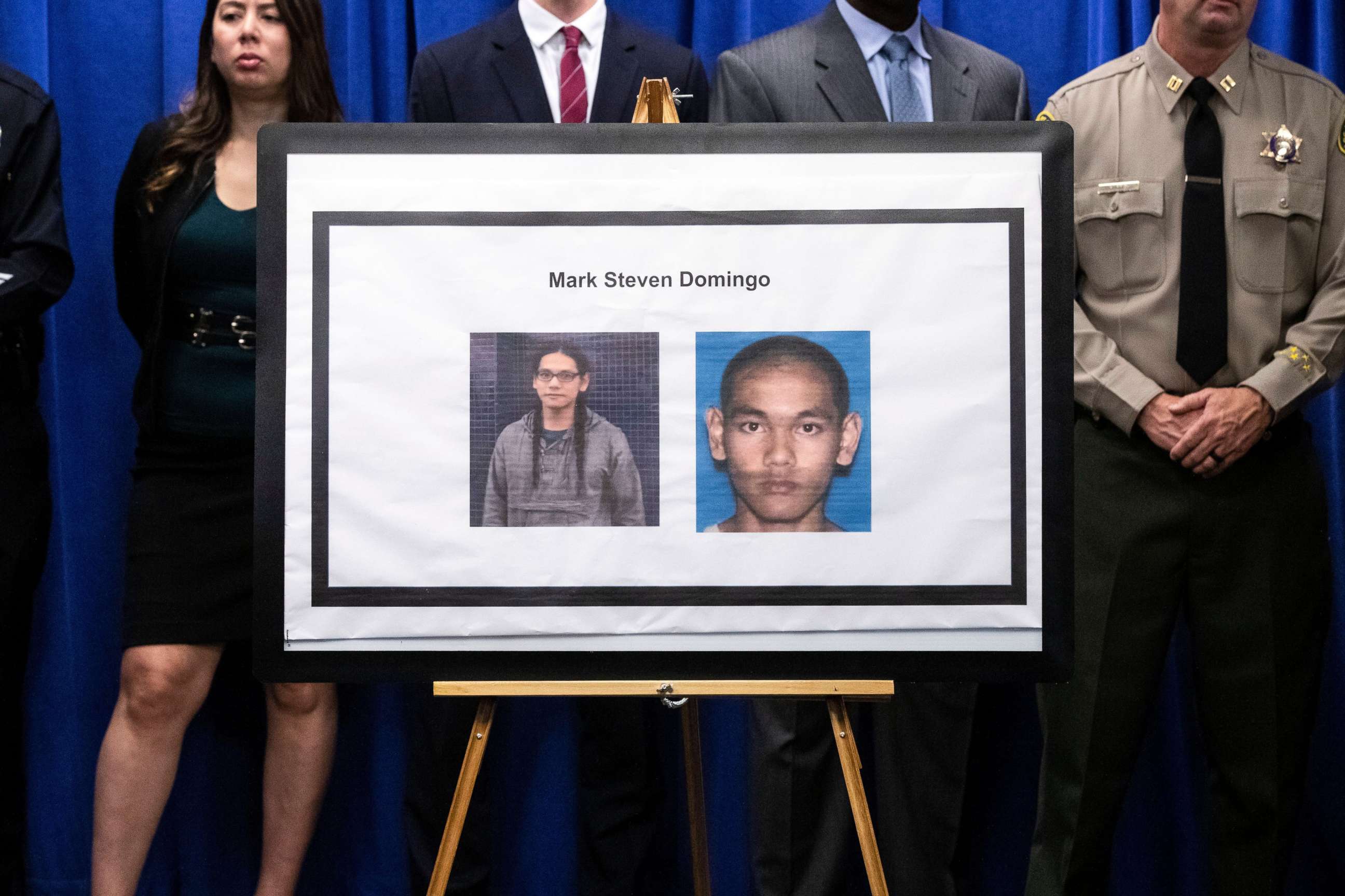 PHOTO: The portrait of alleged terrorist Mark Steven Domingo is displayed during a press conference uncovering details of his arrest on charges of preparing terrorist attacks in the Federal Building in Los Angeles, April 29, 2019.