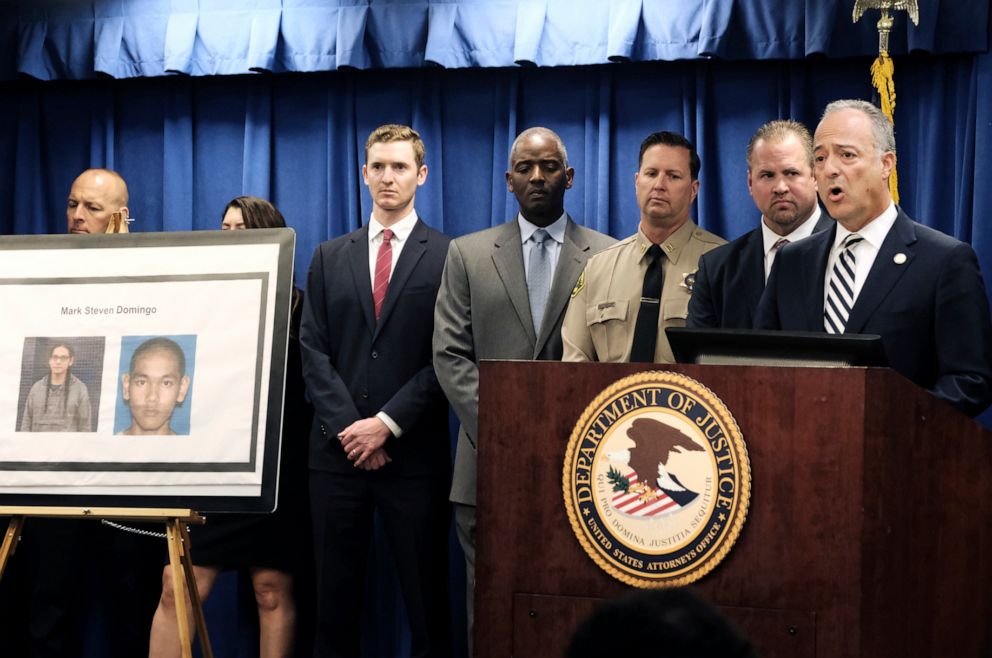 PHOTO: U.S. Attorney Nick Hanna, right, is joined by other law enforcement authorities during a news conference about the arrest of Mark Dombingo, in Los Angeles on Monday, April 29, 2019.