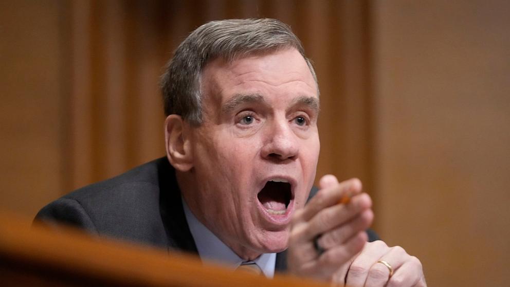 PHOTO: Sen. Mark Warner questions U.S. Trade Representative Jamieson Greer as he testifies before the Senate Finance Committee on Capitol Hill in Washington, April 8, 2025. 