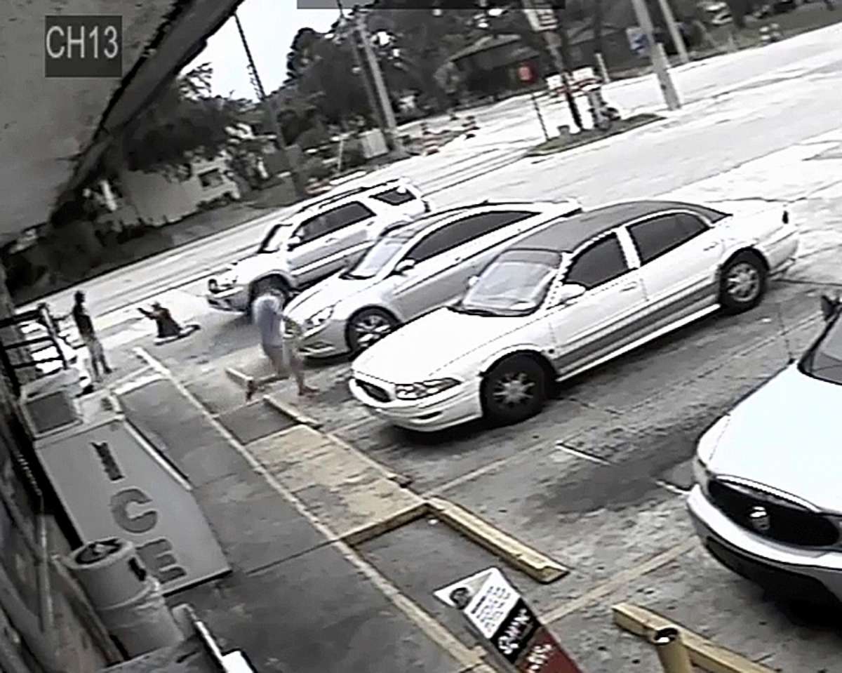 PHOTO: In this July 19, 2018, image taken from surveillance video released by the Pinellas County Sheriff's Office, Markeis McGlockton, far left, is shot by Michael Drejka during an altercation in the parking lot of a convenience store in Clearwater, Fla.