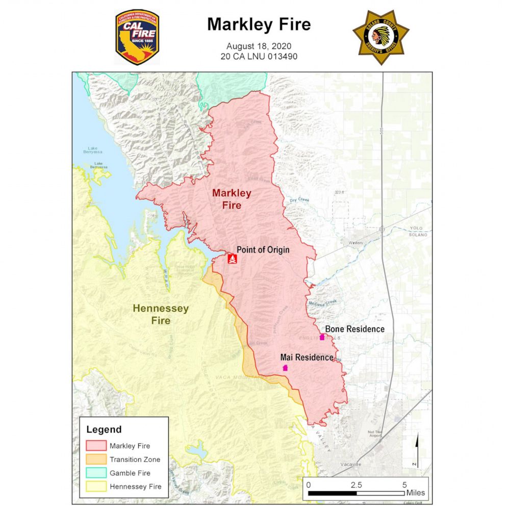PHOTO: A map released by the Solano County Sheriff's Office in Northern California shows the spread of the Markley Fire in August 2020, which authorities say killed Douglas Mai, 82, and Leon "James" Bone, 64, in their homes.