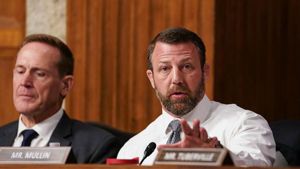PHOTO: Sen. Markwayne Mullin questions Pete Hegseth, US President-elect Donald Trump's nominee for Defense Secretary, during Hegseth's confirmation hearing before the Senate Armed Services Committee on Capitol Hill, Jan. 14, 2025, in Washington.