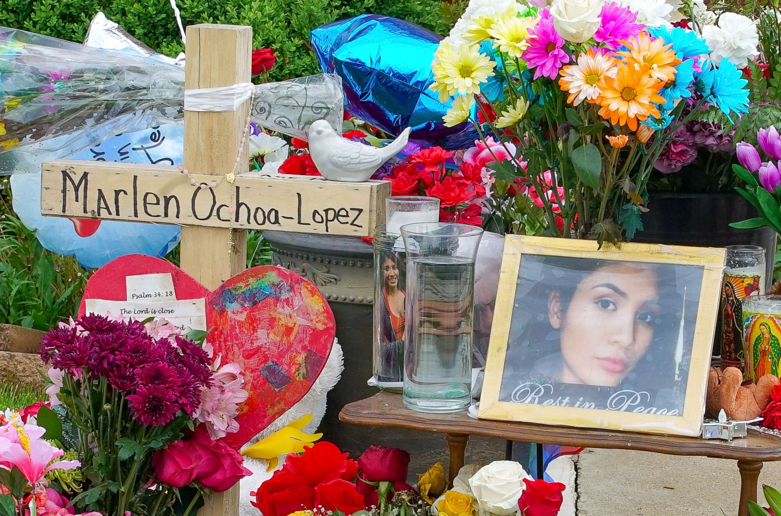 PHOTO: A memorial for  Marlen Ochoa-Lopez is displayed outside of the home where Ochoa-Lopez was murdered last month, May 17, 2019. 