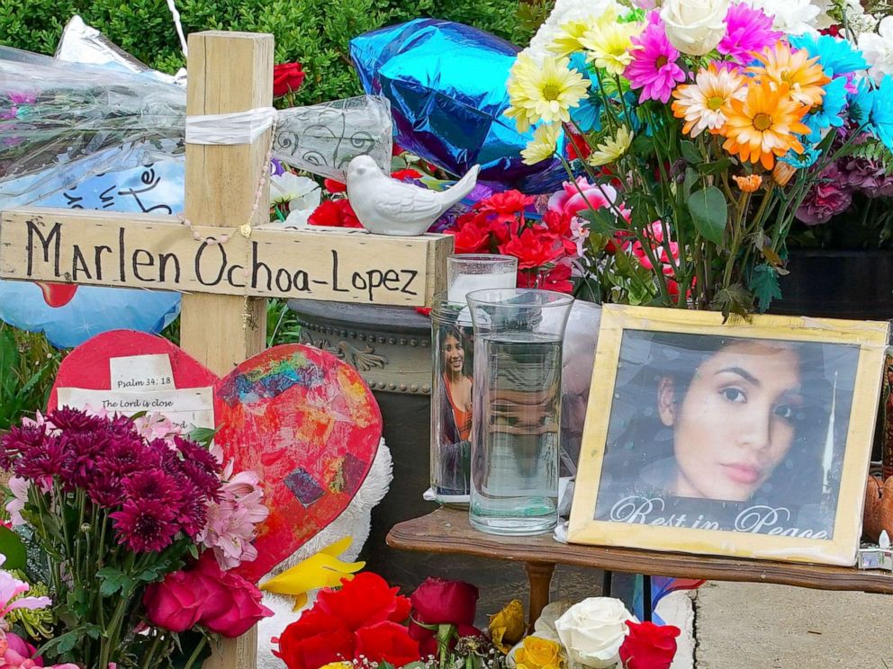 PHOTO: A memorial to Marlen Ochoa-Lopez is posted outside the house where Ochoa-Lopez was assassinated on May 17, 2019. 