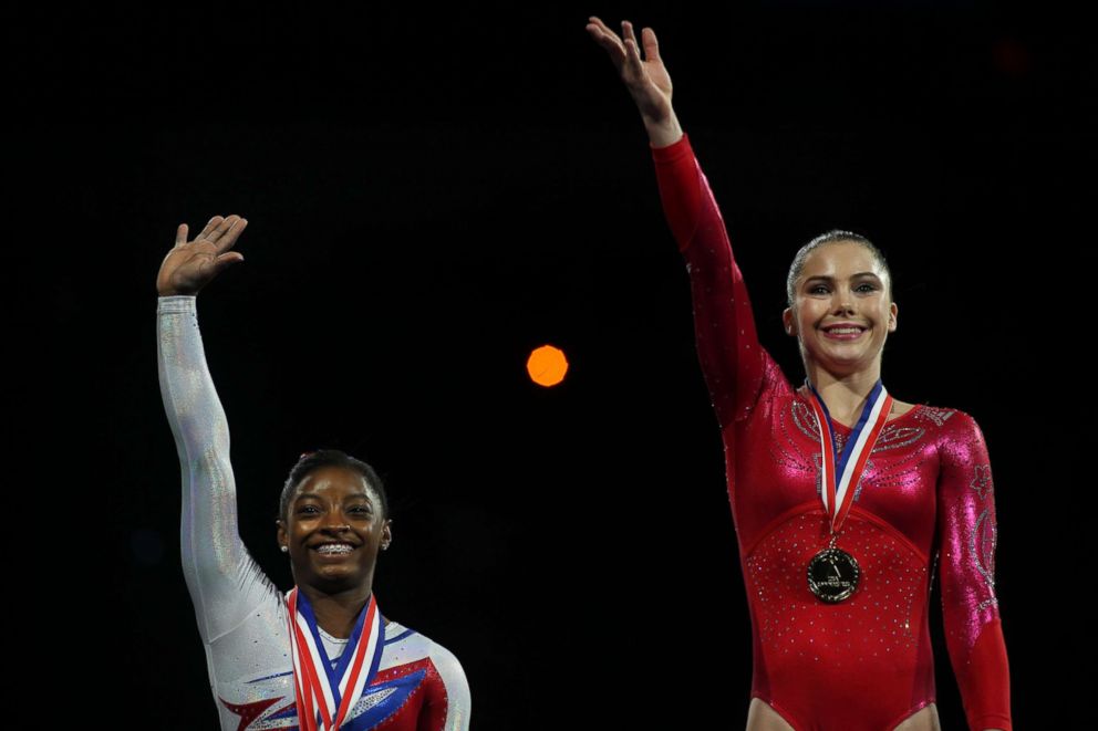 PHOTO: McKayla Maroney, (right), winning the Vault and Floor Exercise during the Senior Women Competition, on the podium with Simone Biles,  USA Gymnastics' National Championships at the XL, Centre, Hartford, Conn., Aug. 17, 2013. 