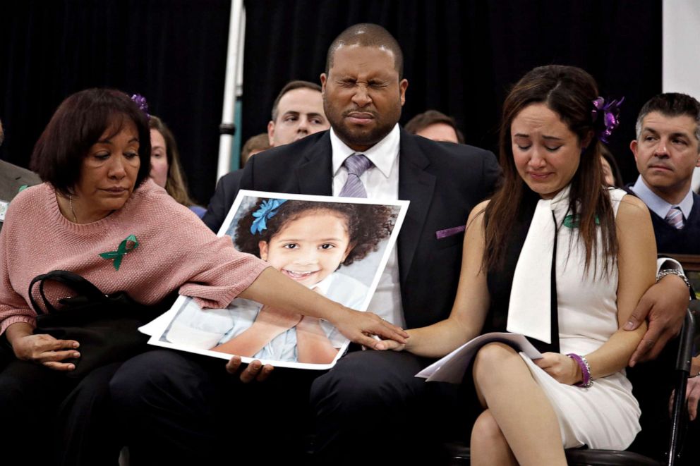 PHOTO: Nelba Marquez Greene, right, and her husband Jimmy Green are comforted by grandmother Elba Marquez as they grieve over the loss of their daughter Ana Grace Marquez Greene at the launch of the Sandy Hook Promise in Newtown, Conn., Jan. 14, 2013.