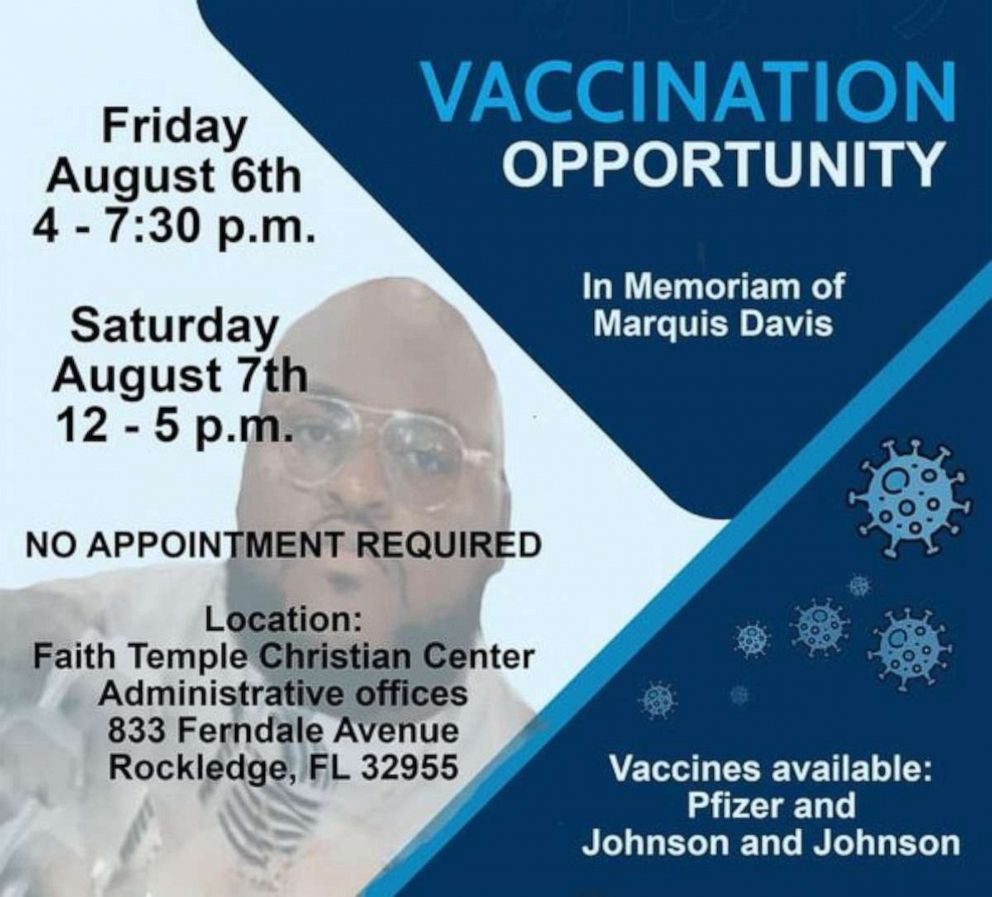 PHOTO: The Faith Temple Christian Center is sponsoring a vaccination event at the Rockledge, Fla., church in memory of Marquis Davis, who died of COVID-19.